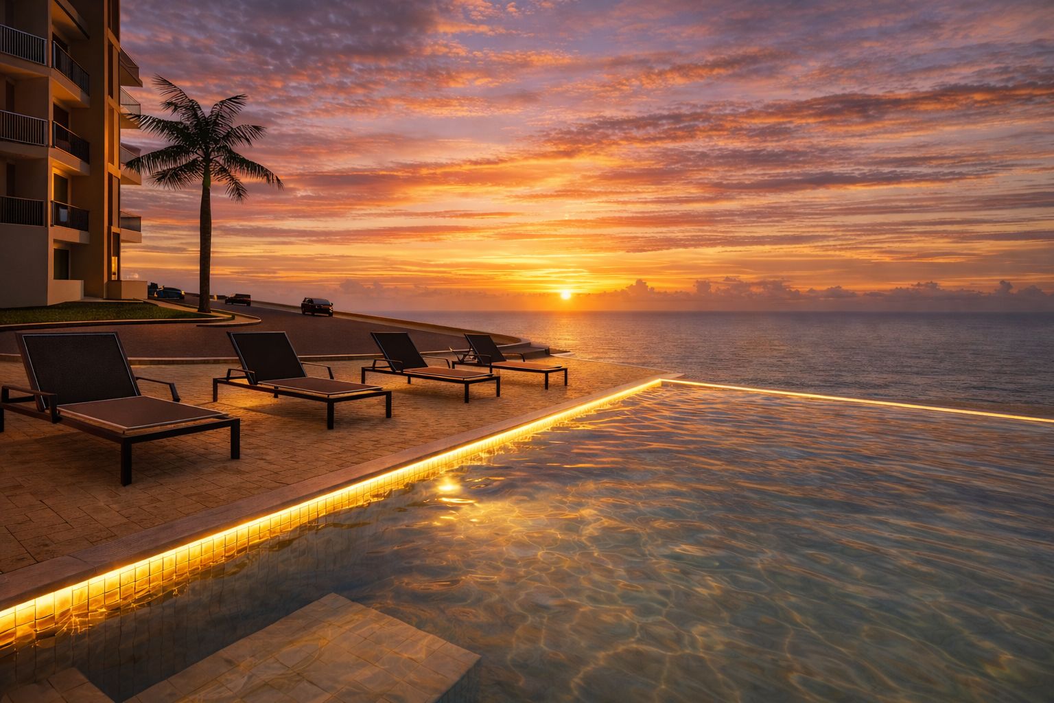 Piscina infinita frente al Pacífico al atardecer — render oficial de Vista al Mar, Santa Marianita (2026)